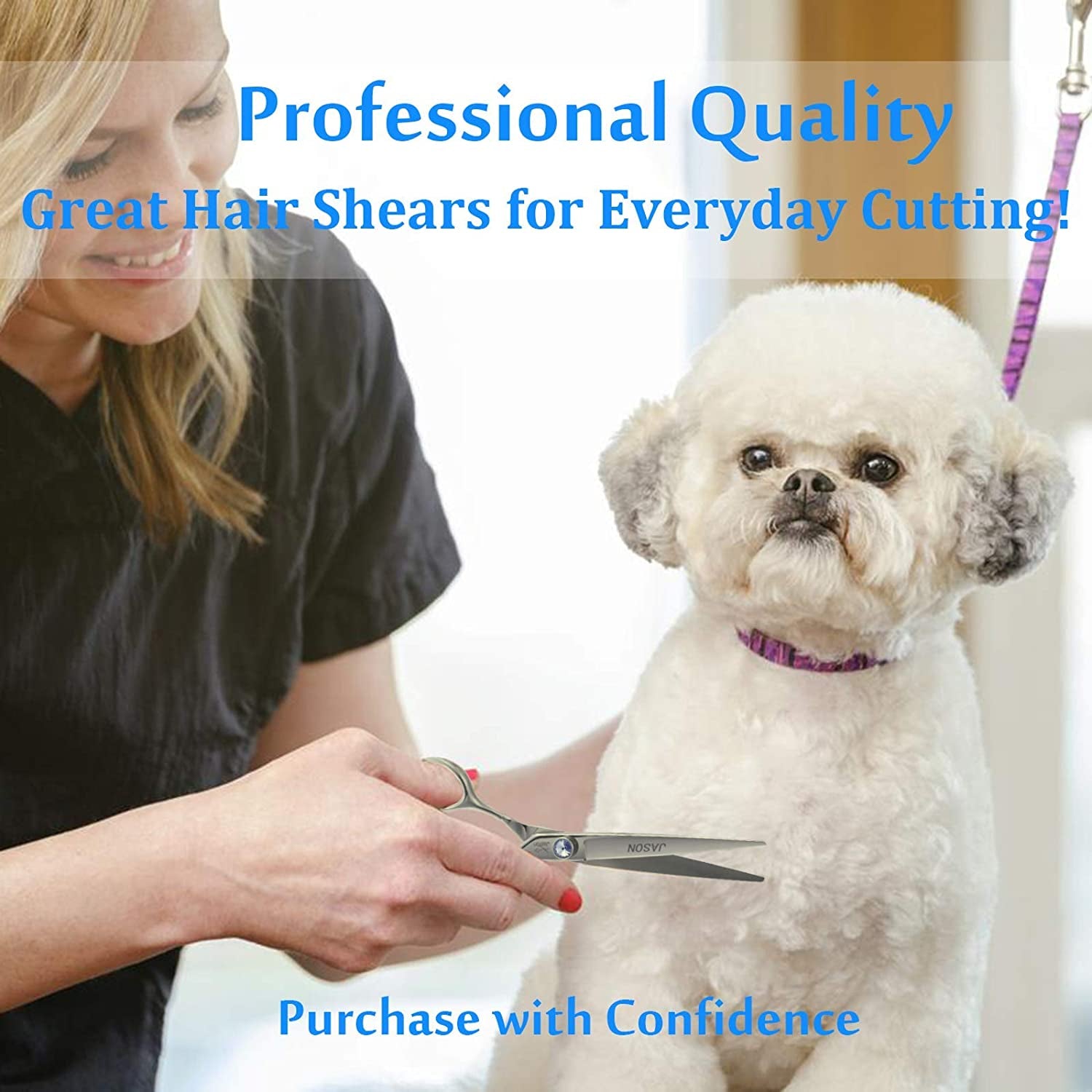 7" Straight Dog Grooming Scissors, Ergonomic Pets Grooming Shears, Premium Cats Trimming Kit with Offset Handle and Jewelled Screw, Sharp, Comfortable Christmas Gift