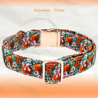 Halloween-Themed Adjustable Dog Collar with Bow and Pumpkin Floral Print for Small to Large Dogs
