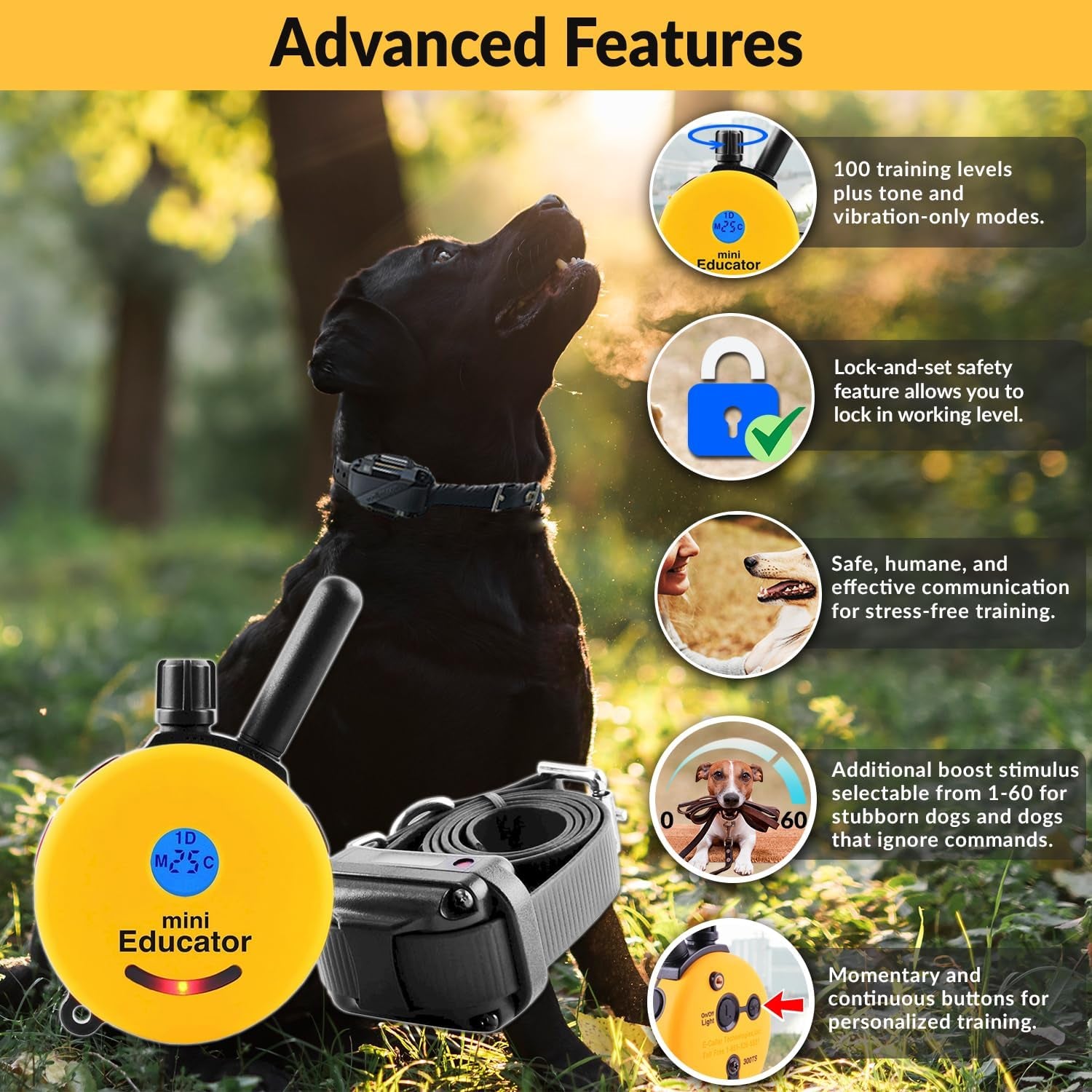 E-Collar ET-300 Mini Remote Dog Training Collar - Yellow | 1/2 Mile Waterproof Range, 100 Stimulation Levels with Vibration, Light, and Sound, Includes Premium Finger Clicker Trainer
