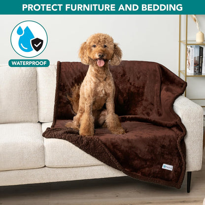 Extra Large Waterproof Dog Blanket for Couch - 80x60 Reversible Sherpa Fleece Pet Throw, Pee-Proof Furniture Protector for Bed, Sofa, Crate, and Kennel, Soft Washable Cover for Dogs and Cats, Brown Sherpa