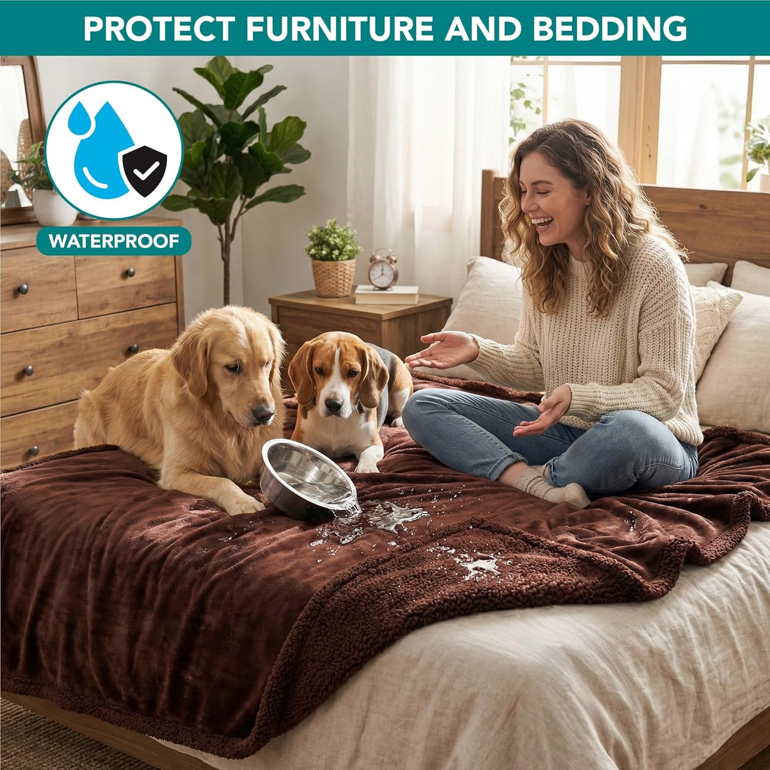 Extra Large Waterproof Dog Blanket for Couch - 80x60 Reversible Sherpa Fleece Pet Throw, Pee-Proof Furniture Protector for Bed, Sofa, Crate, and Kennel, Soft Washable Cover for Dogs and Cats, Brown Sherpa