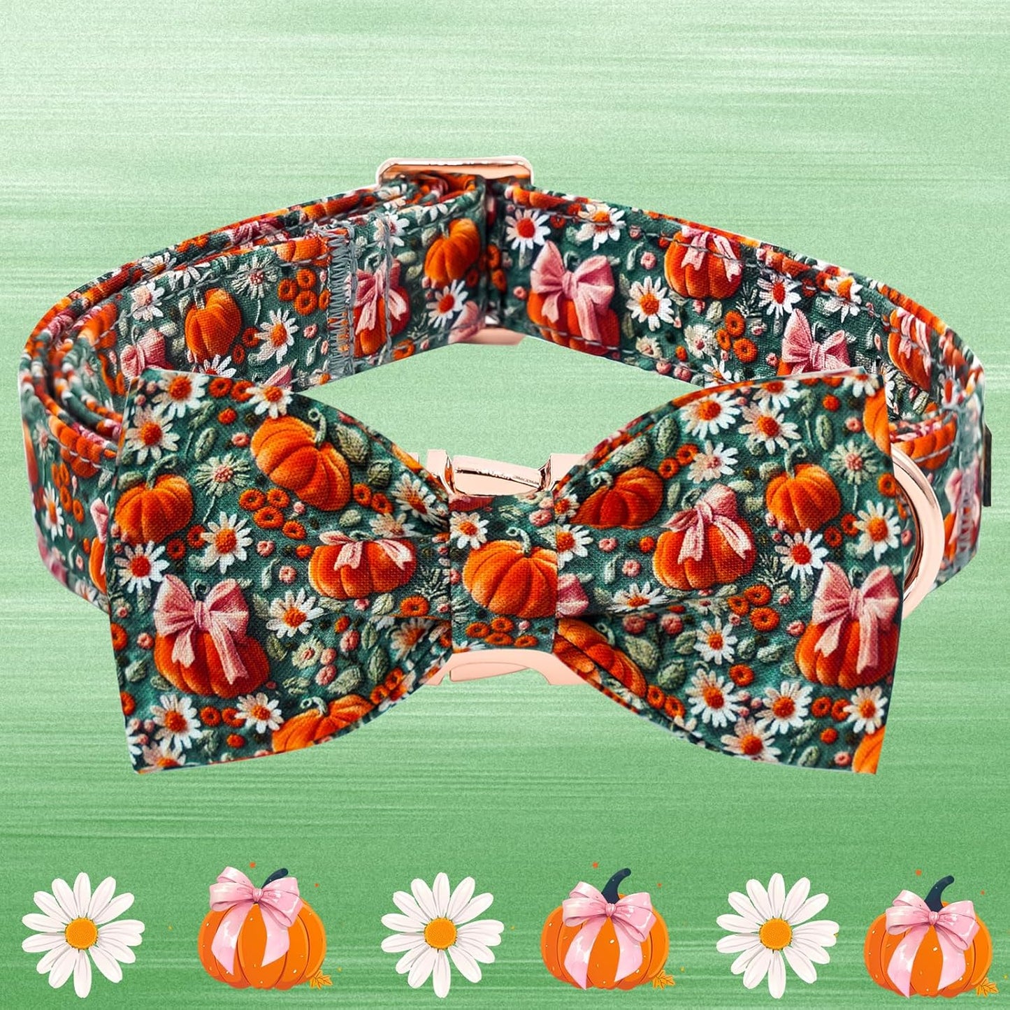 Halloween-Themed Adjustable Dog Collar with Bow and Pumpkin Floral Print for Small to Large Dogs