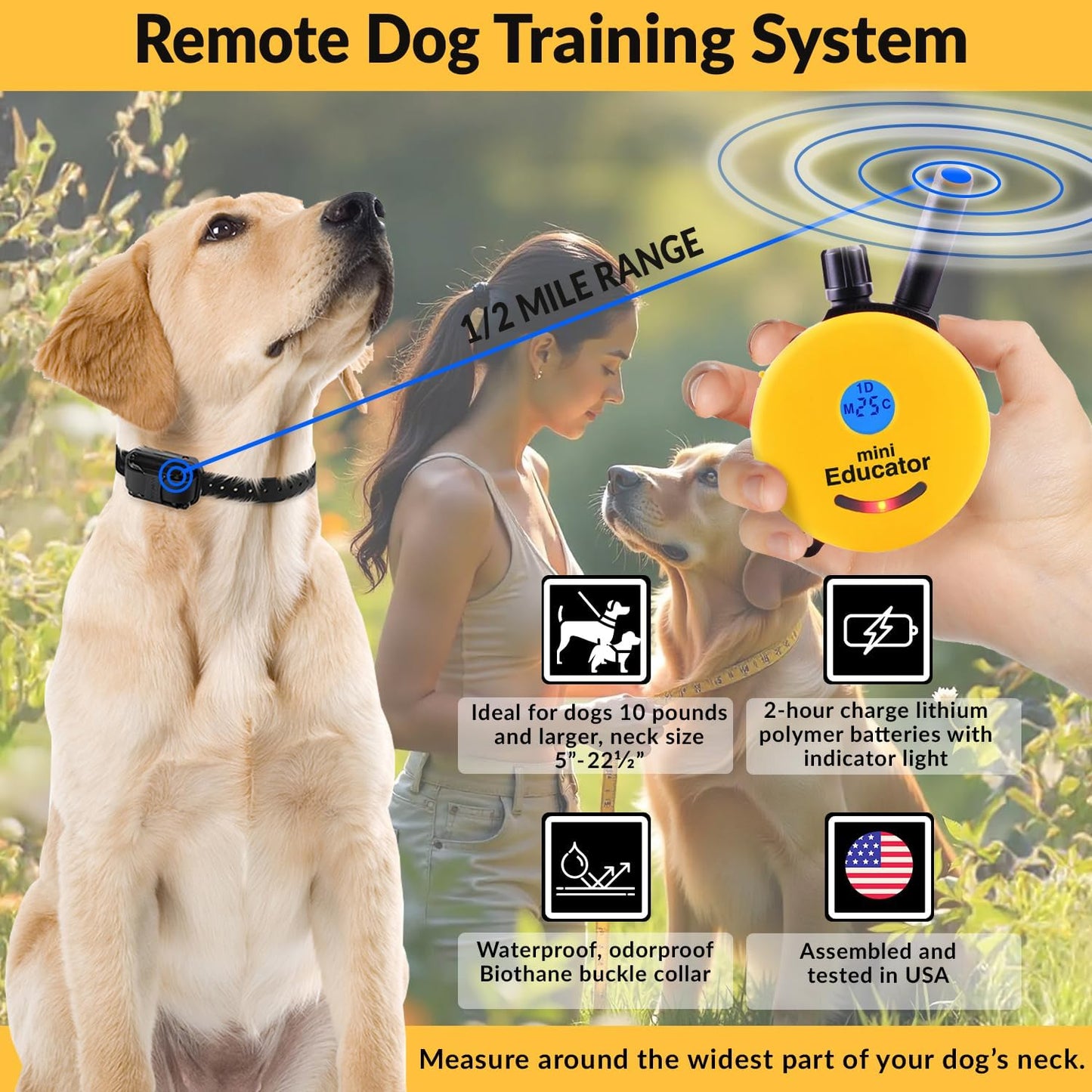 E-Collar ET-300 Mini Remote Dog Training Collar - Yellow | 1/2 Mile Waterproof Range, 100 Stimulation Levels with Vibration, Light, and Sound, Includes Premium Finger Clicker Trainer