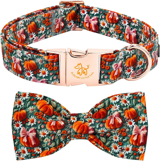 Halloween-Themed Adjustable Dog Collar with Bow and Pumpkin Floral Print for Small to Large Dogs