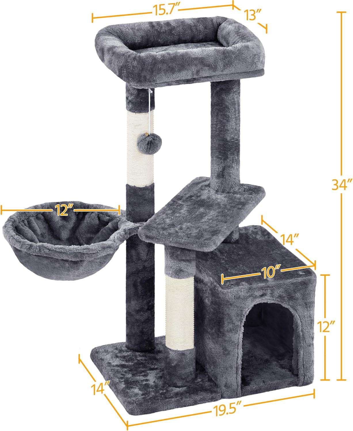 Multi-Level Cat Condo Tower - 34-Inch Cat Tree with Scratch Boards and Sisal Posts for Indoor Kittens