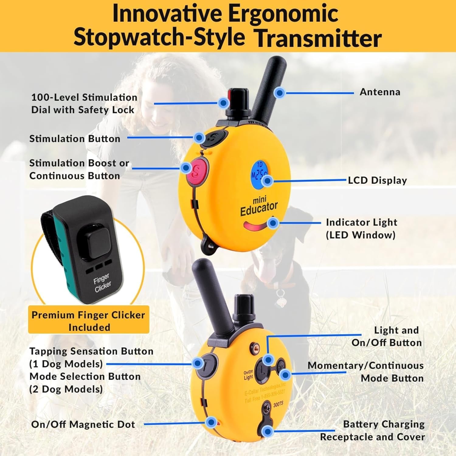 E-Collar ET-300 Mini Remote Dog Training Collar - Yellow | 1/2 Mile Waterproof Range, 100 Stimulation Levels with Vibration, Light, and Sound, Includes Premium Finger Clicker Trainer