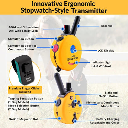 E-Collar ET-300 Mini Remote Dog Training Collar - Yellow | 1/2 Mile Waterproof Range, 100 Stimulation Levels with Vibration, Light, and Sound, Includes Premium Finger Clicker Trainer